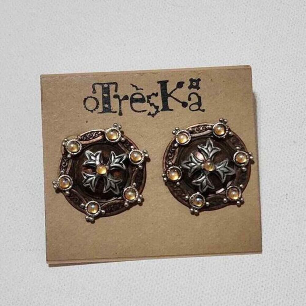Treska Mixed Metal Cross Stud Earrings Amber Cabochon Antiqued Copper Silver